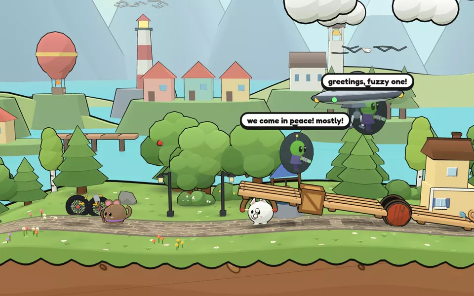 A flying saucer and little green alien grunts invade the village, saying 'greetings, fuzzy one!'