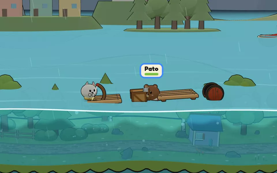 Two critters, a white dog and a bear named Pato, ride a plank-and-crate raft over a flooded village.