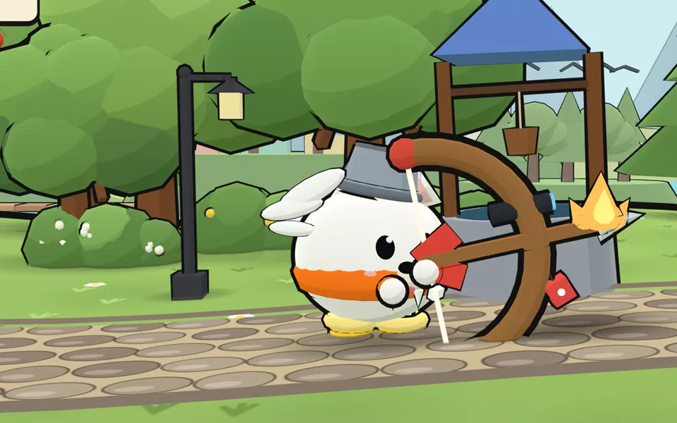 Close-up of a round white dog critter with wings on its hat, rain boots, a life jacket and a flaming bow.